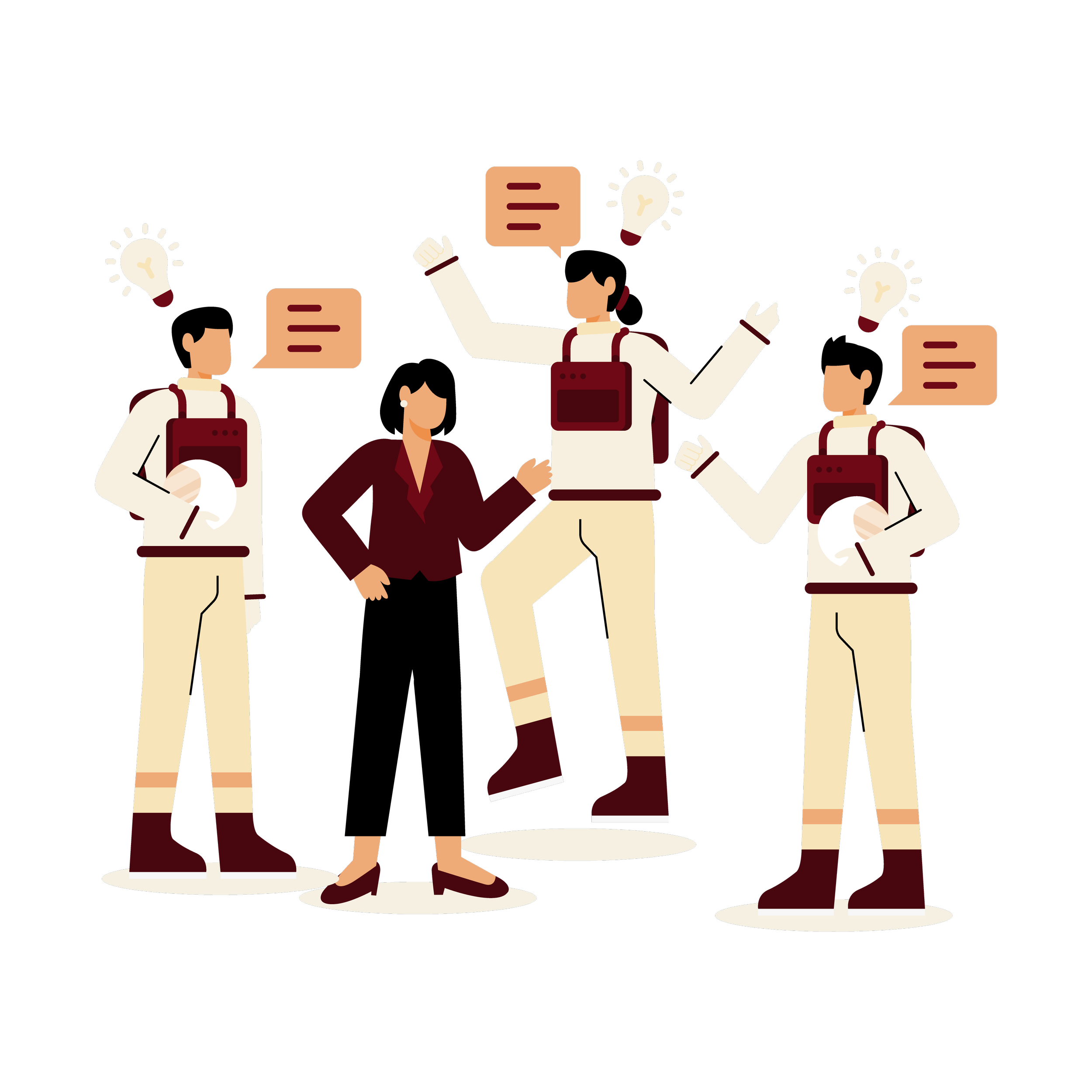 Illustration of four diverse professionals engaged in a brainstorming session, with speech bubbles and light bulb icons indicating ideas and collaboration.