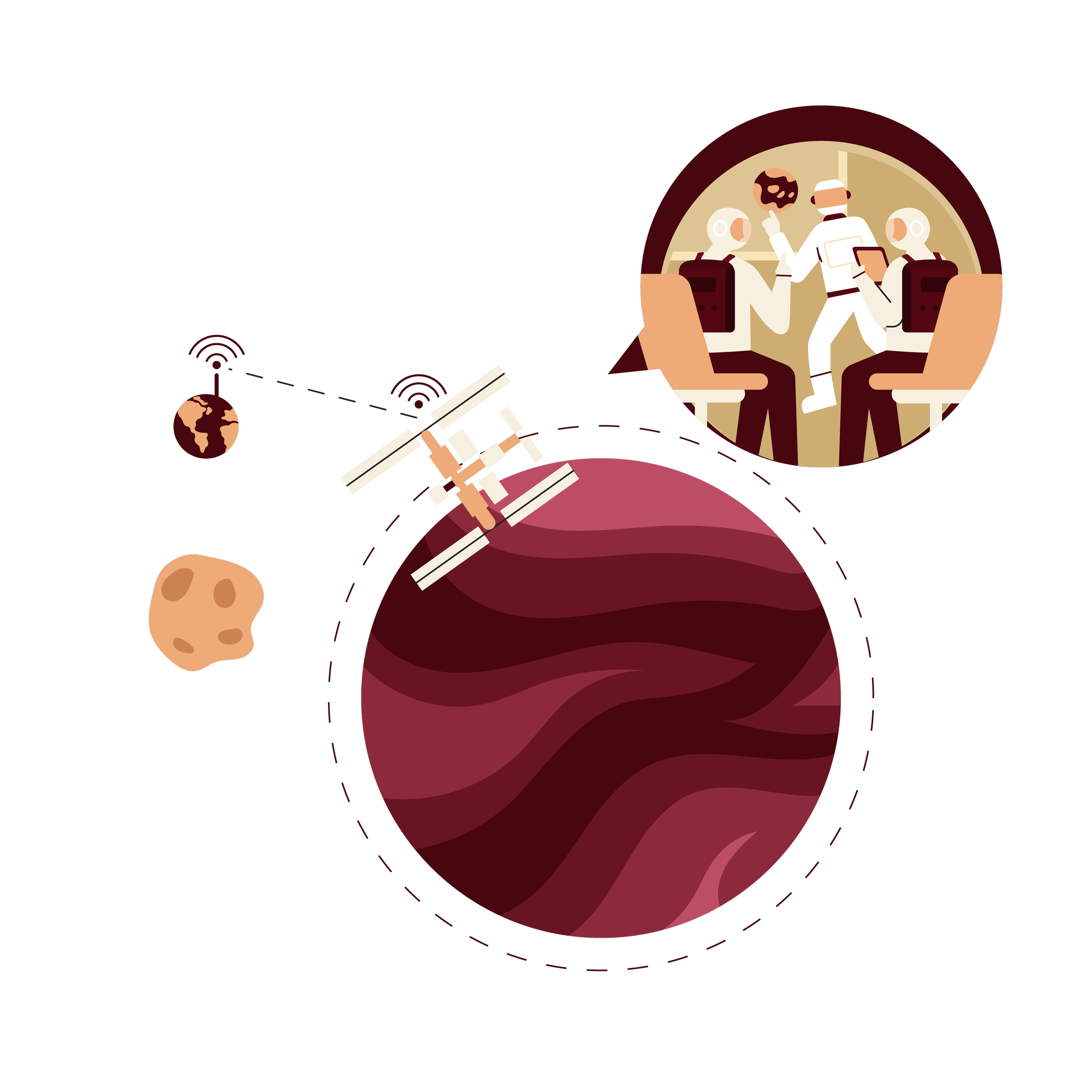 Illustration of Mars with a satellite orbiting and a rock, featuring an inset of astronauts in a spaceship interior.