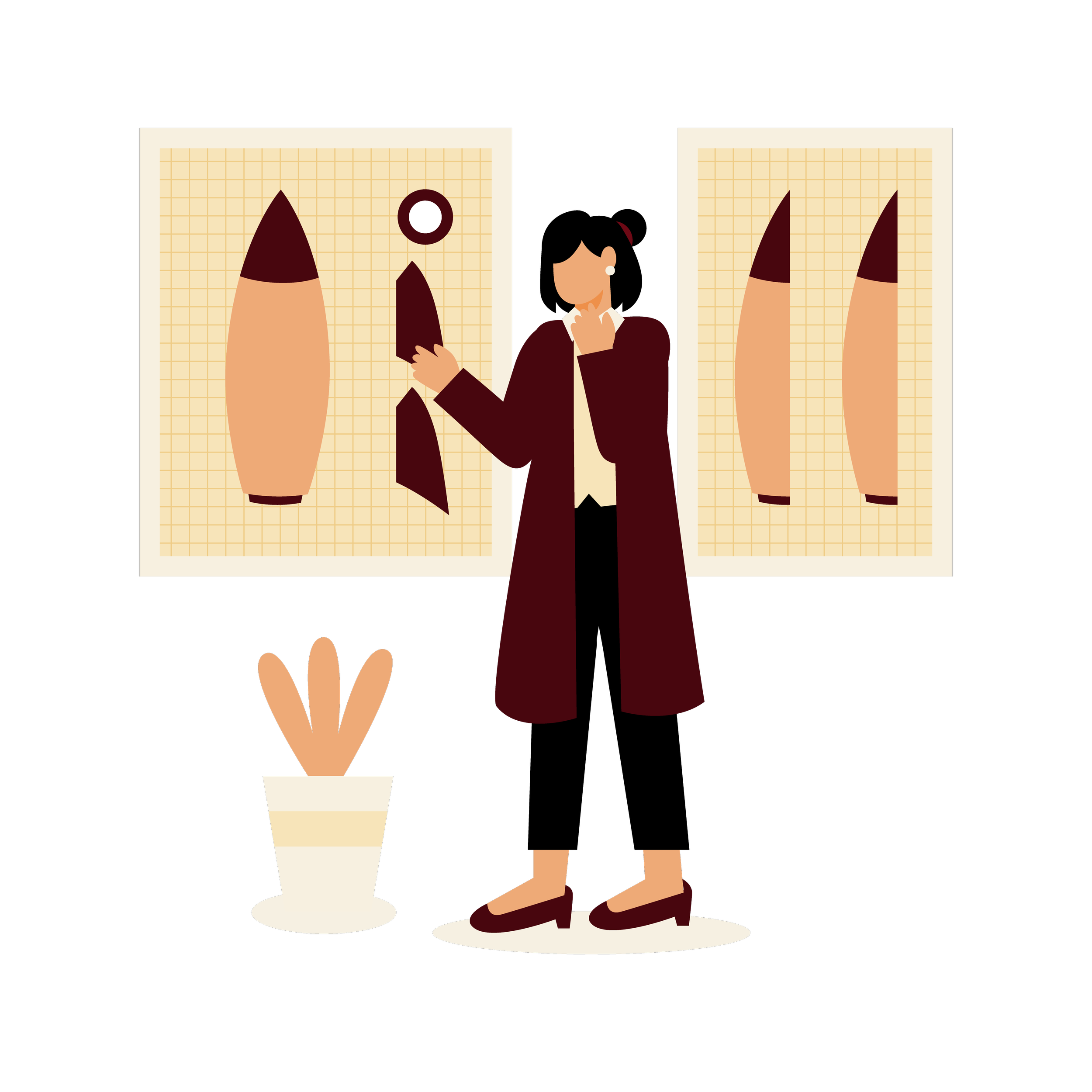 A woman in a brown coat and red high heels examining sketches on wall boards.