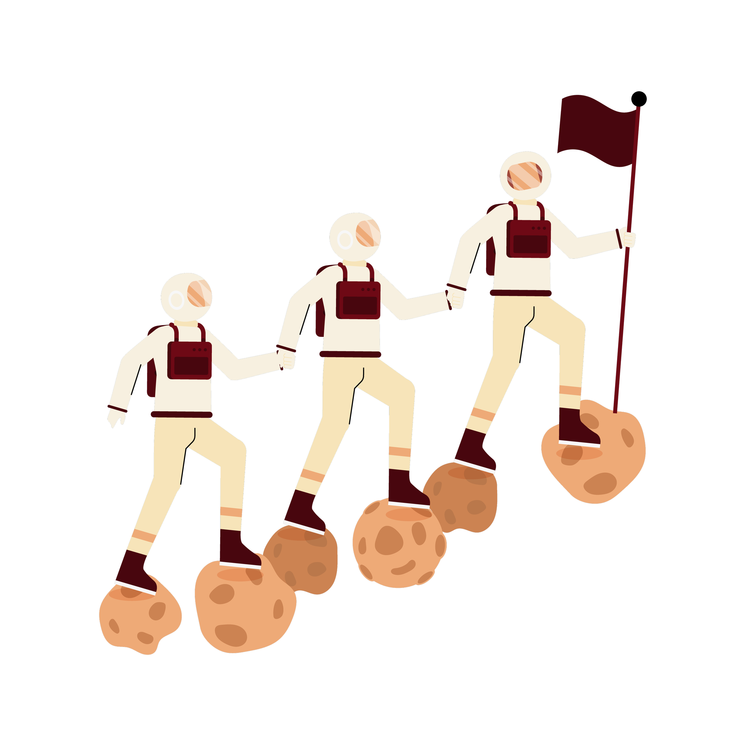 Illustration of astronauts climbing rocks with planets in the background.