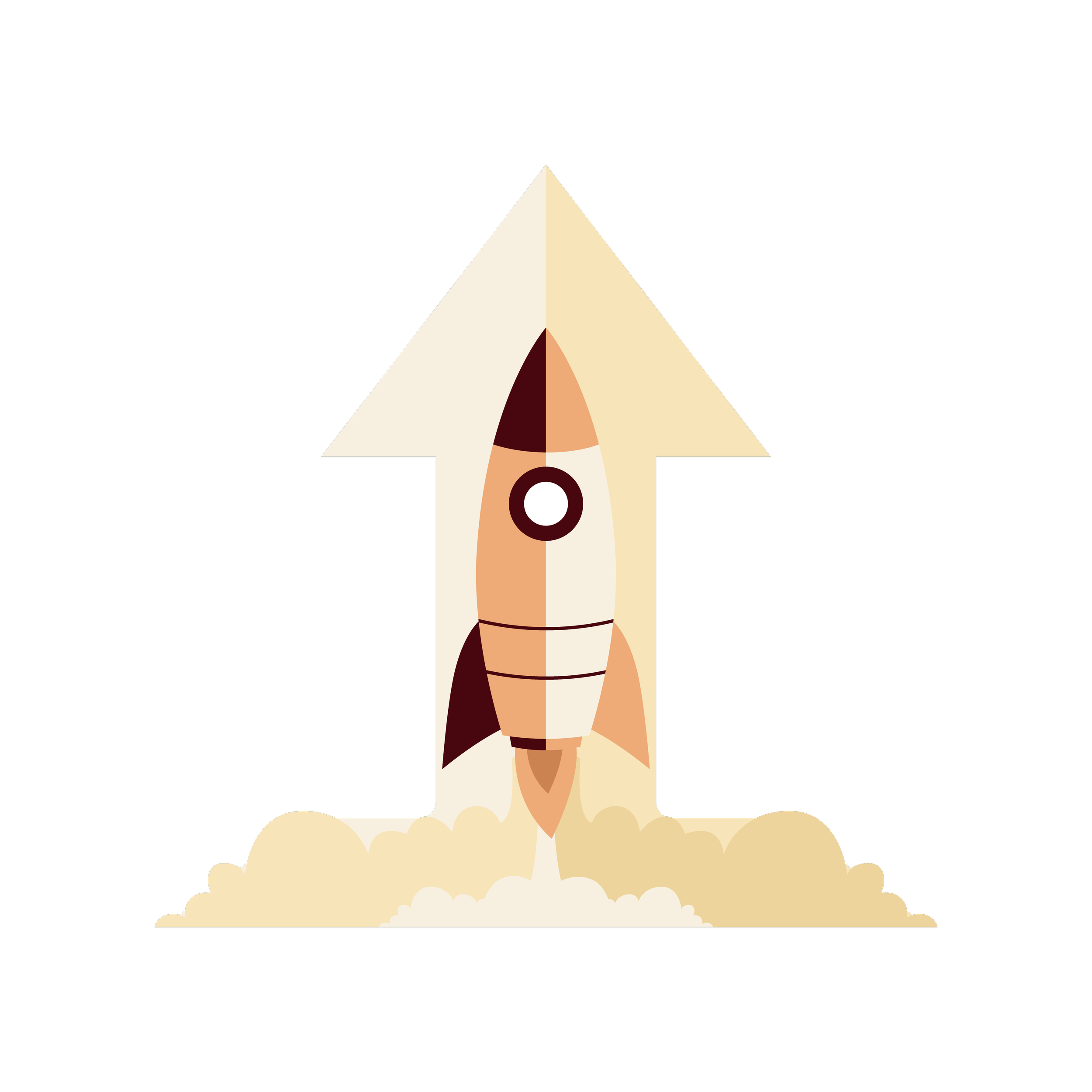 Graphic illustration of a rising spaceship with white and brown colors, launching with smoke, under a large blue rectangle, against a black background.