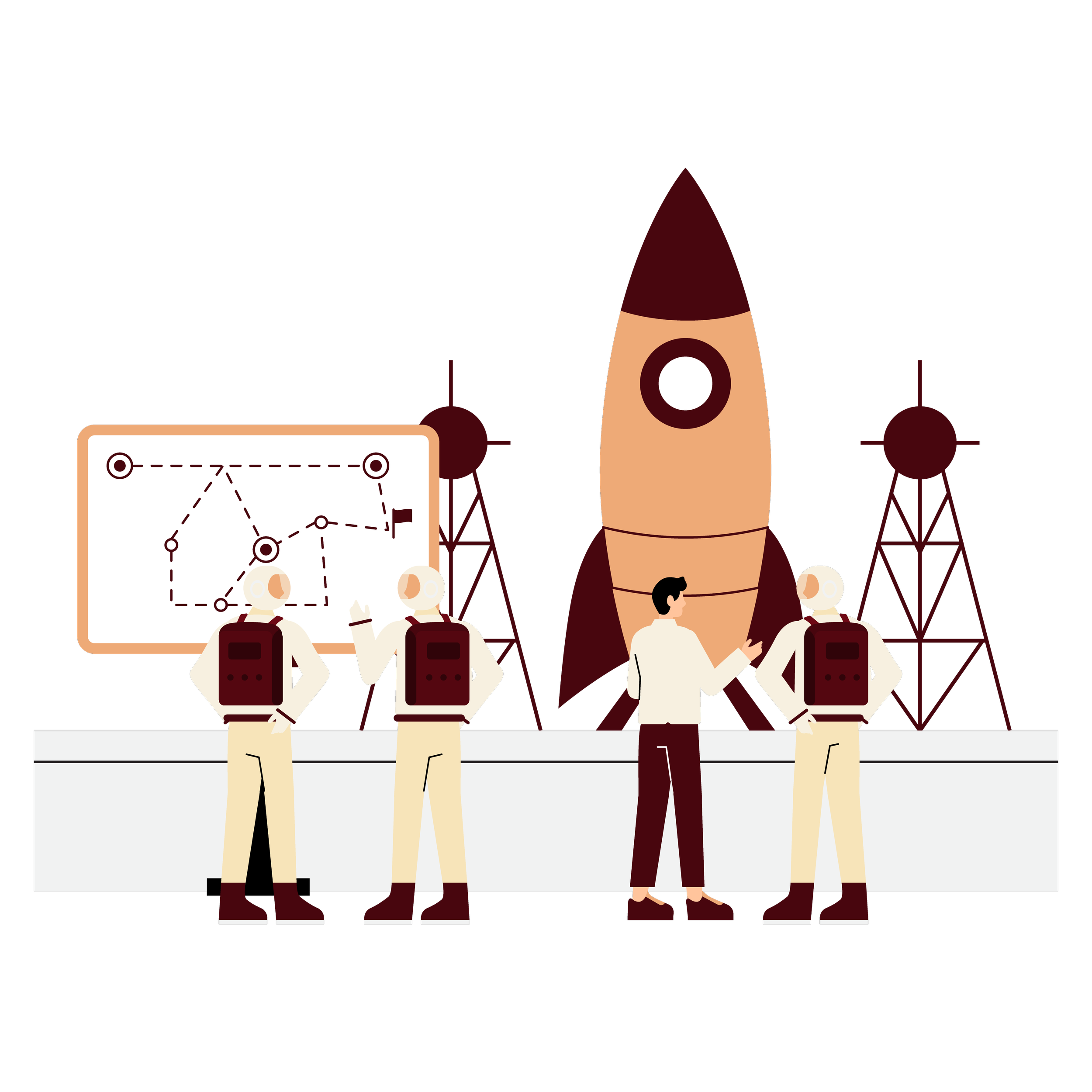Four people in front of a large rocket and radio towers, with one person explaining a diagram on a board showing a space mission route.