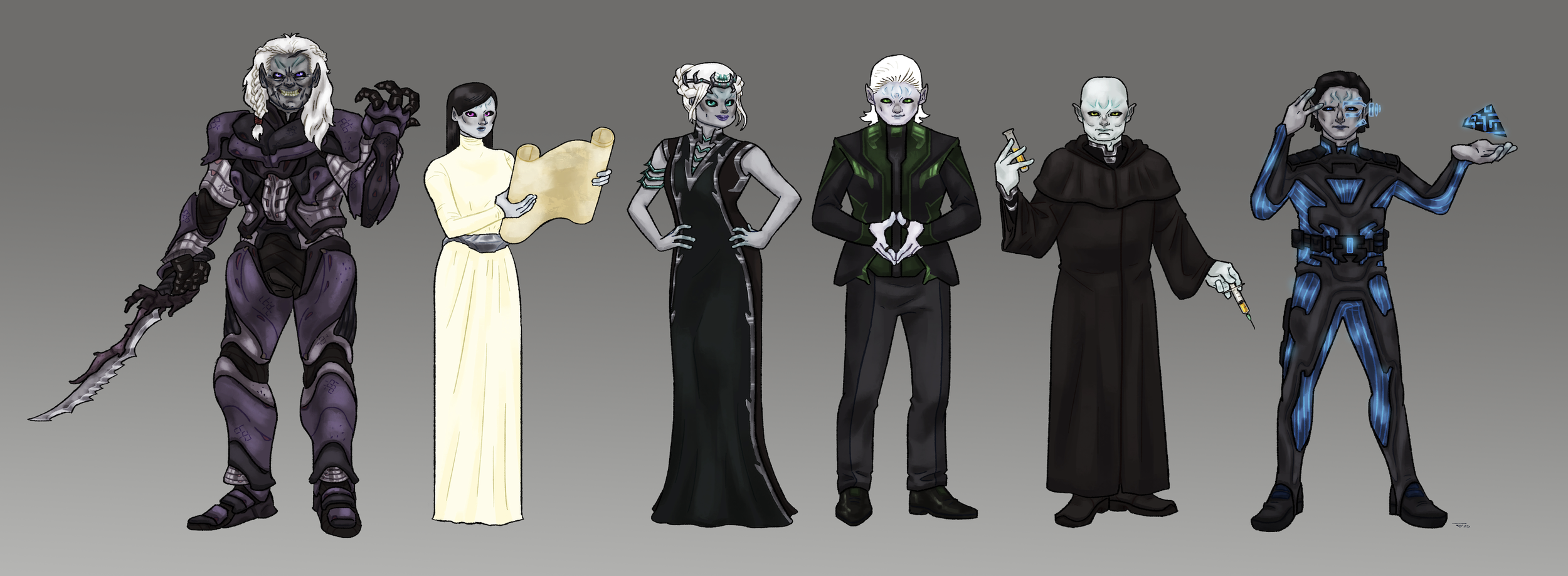 "THE GODS" - THE DEMON STAR
left to right: Rakalem, Lord of Fear; Ileth, Lady of Despair; Turil, Lady of Pain; Tharanoth, Lord of Hunger; Nabatar, Lord of Sickness; Zephon, Lord of Sorrow
artist: Jose Nieto