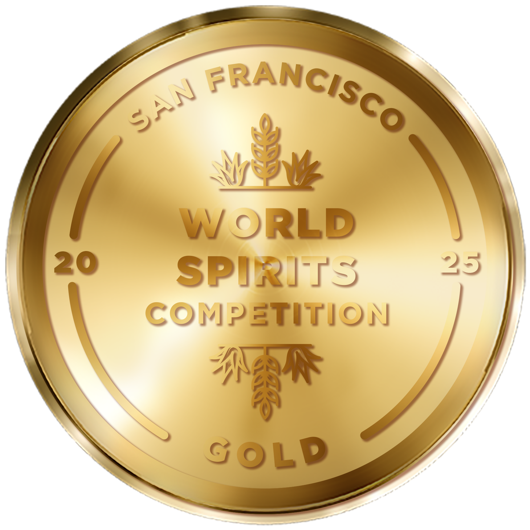 Gold medal with inscriptions 'San Francisco,' 'World Spirits Competition,' 'Gold,' and the years 2020 and 2025. The medal features decorative leaves and wheat symbols.