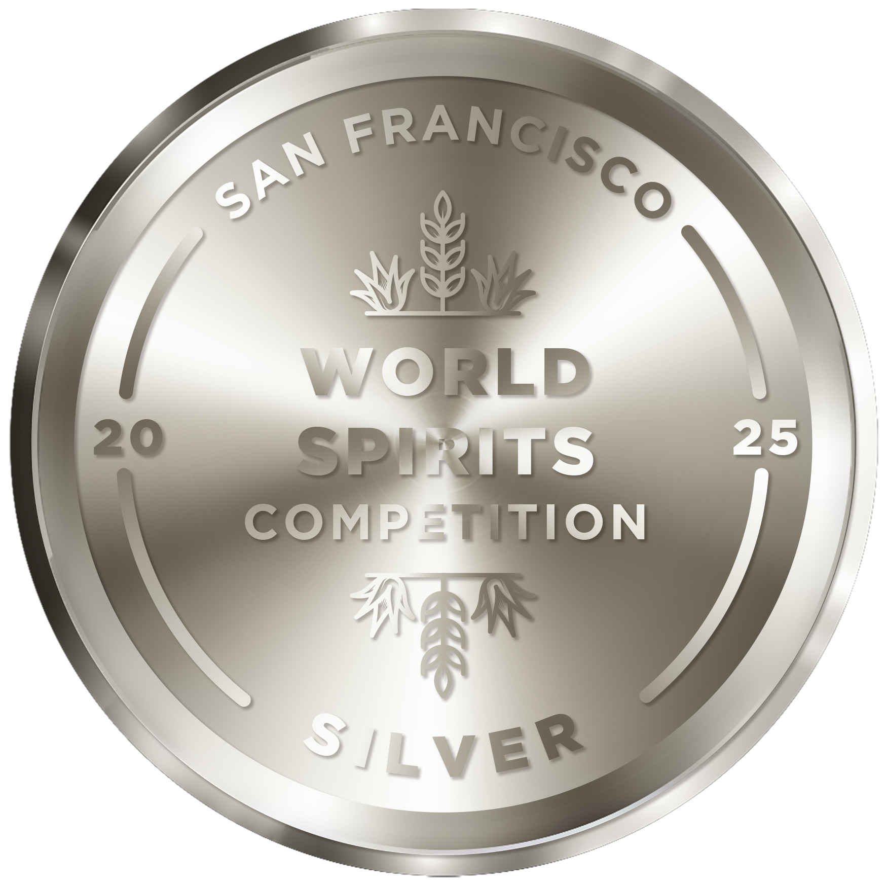 Silver medal with words 'San Francisco', 'World Spirits Competition', and 'Silver' engraved on it, featuring decorative wheat and leaf designs.
