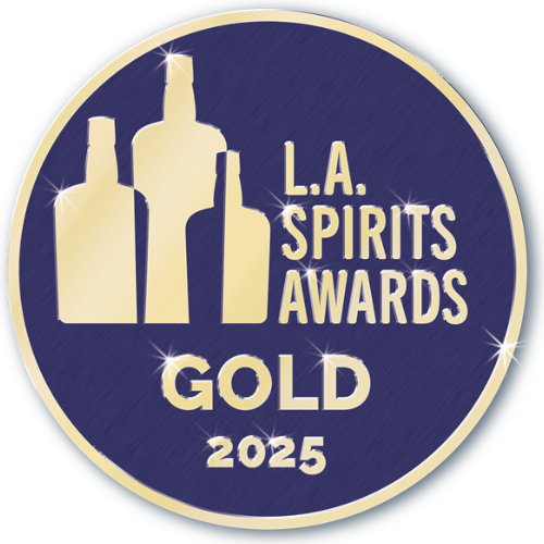 Gold award badge for L.A. Spirits Awards 2025 featuring three stylized bottles on a dark blue background