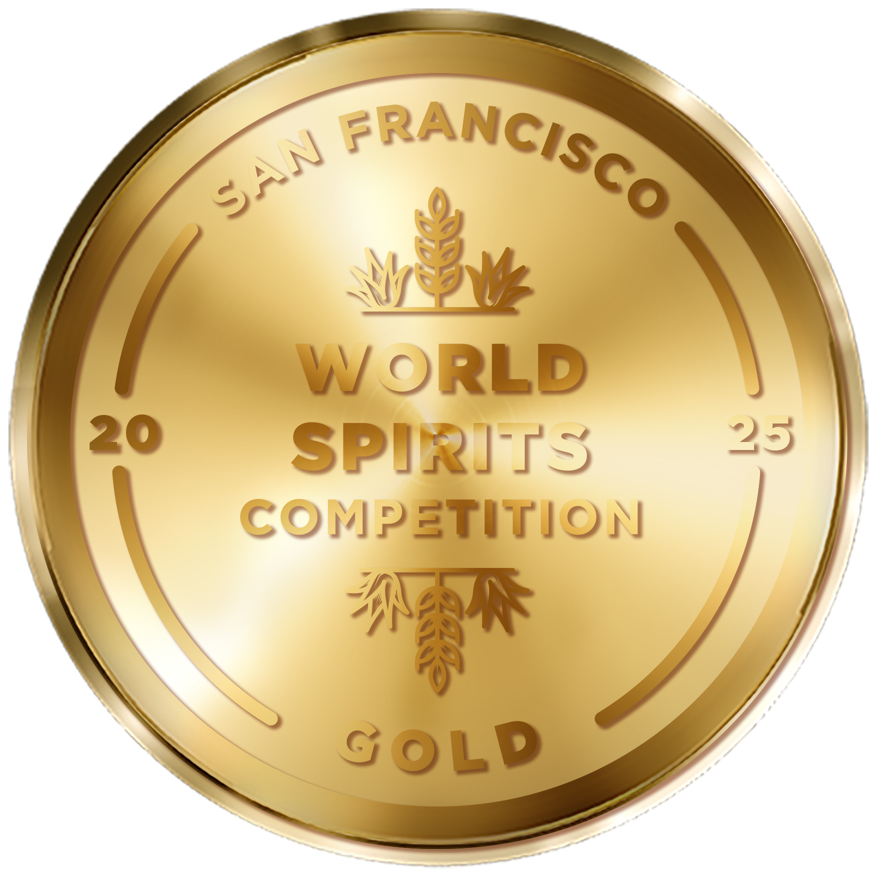 A gold medal for the 2023 San Francisco World Spirits Competition, featuring the event name, year, and the word 'GOLD' with decorative wheat motifs.