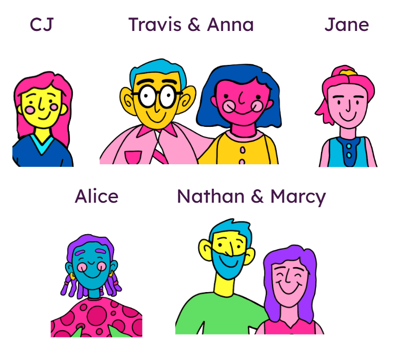 Illustrated characters inspired by real forever families featured in Are You a Forever Family?, including CJ, Travis and Anna, Jane, Alice, and Nathan and Marcy.