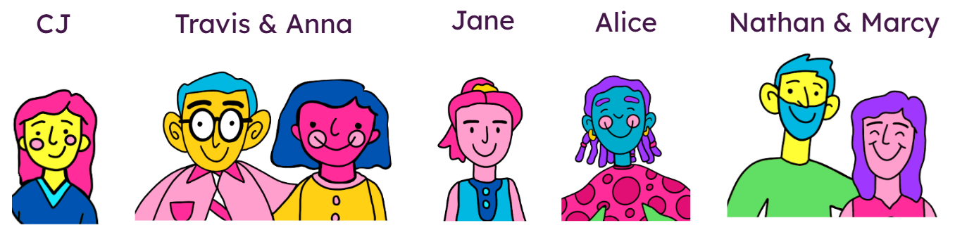 Illustrated characters inspired by real forever families featured in Are You a Forever Family?, including CJ, Travis and Anna, Jane, Alice, and Nathan and Marcy.