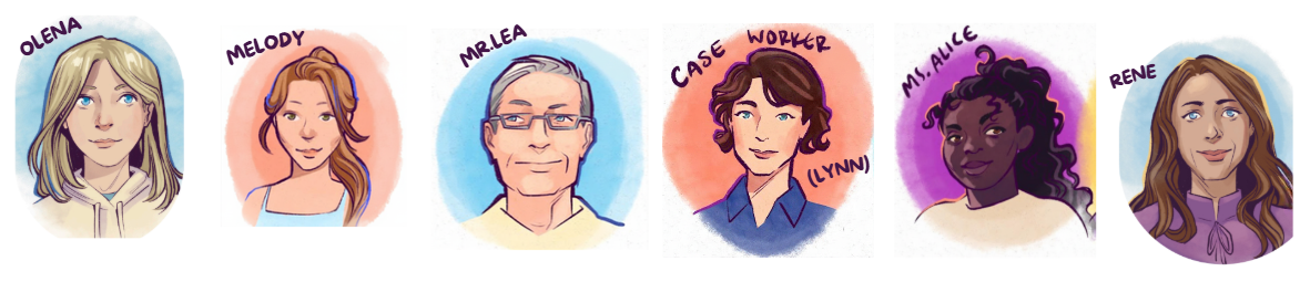 A colorful drawn illustration of 6 characters. They are titled from left to right: Olena, Melody, Mr. Lea, Case Worker (Lynn), Ms. Alice, and Rene
