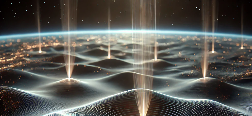 Futuristic digital landscape with glowing beams of light emerging from a wavy surface, resembling a network or data representation.