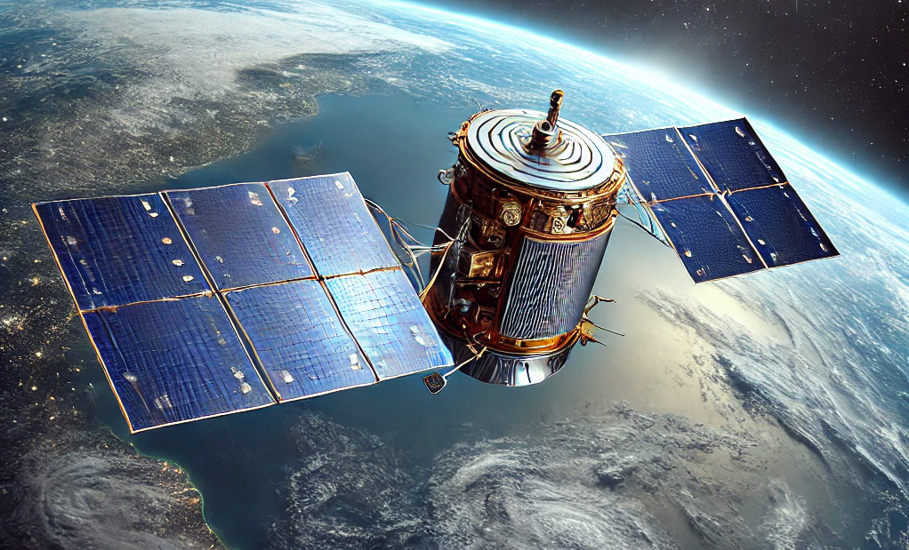 Satellite orbiting Earth with solar panels extended, against a backdrop of outer space and visible Earth curvature.