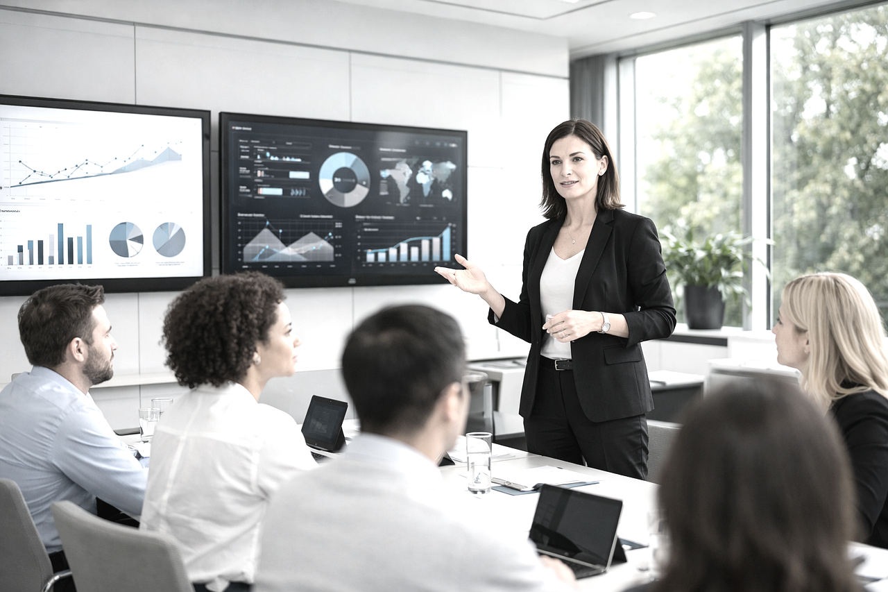 a woman leads a business presentation