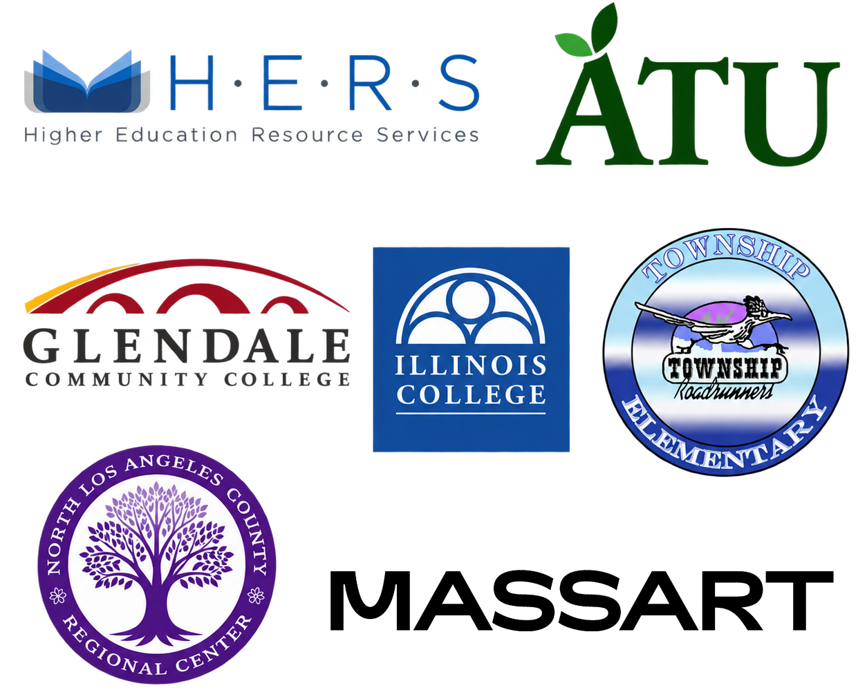 Logos of organizations that have worked with Whitney Scott, including HERS, ATU, Glendale Community College, Illinois College, Township Elementary School, North Los Angeles County Regional Center, and Mass Art