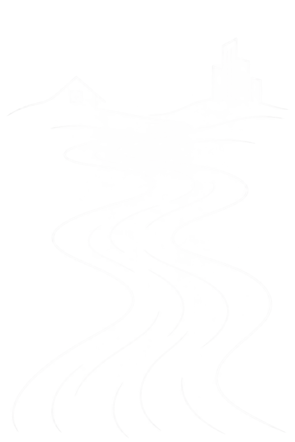 illustration of a river flowing from a house and a city building representing a flow from home and work