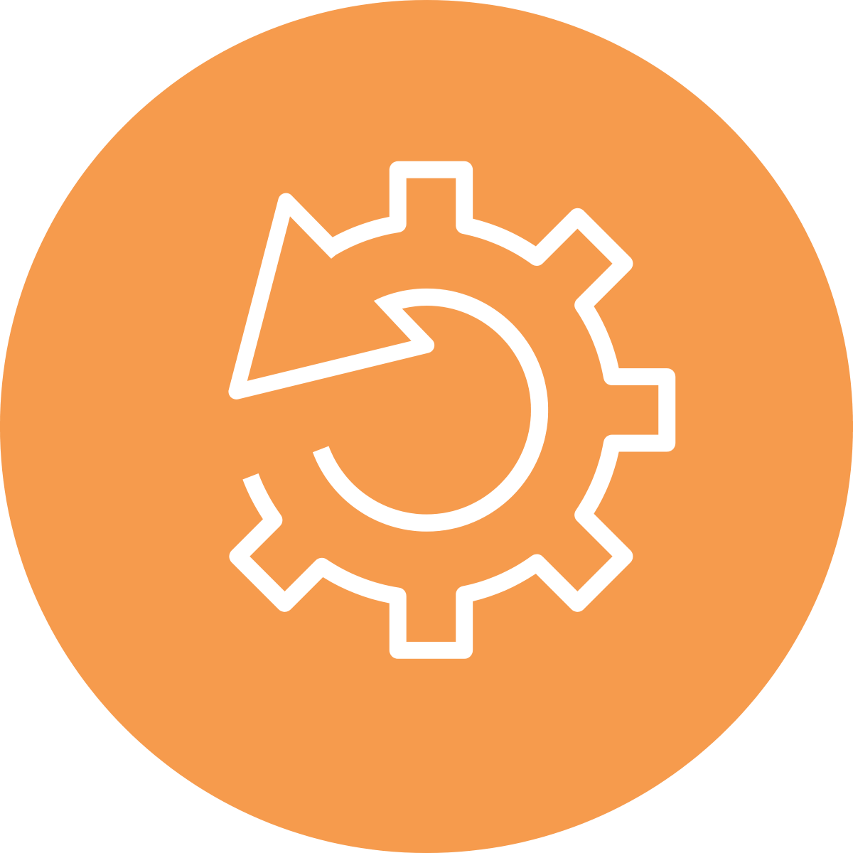 Icon of a gear with an arrow inside, indicating process or update, on an orange circular background.