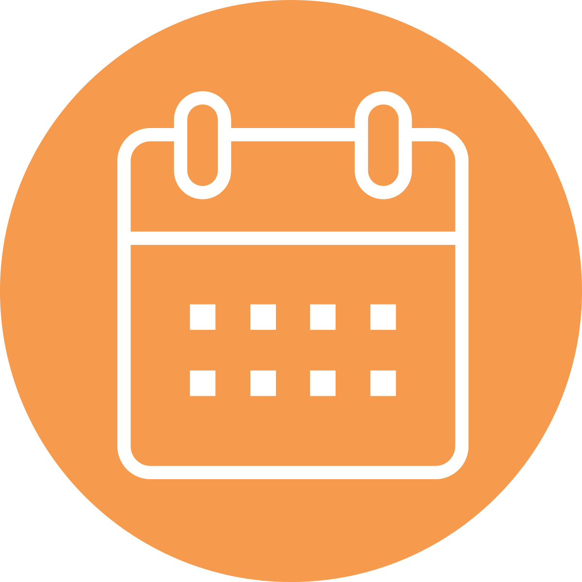 Calendar icon with a white outline on an orange circular background.