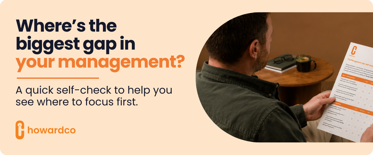 Howardco Management Gap Self-Assessment banner showing a manager reviewing the checklist, designed to help identify where to focus management development.