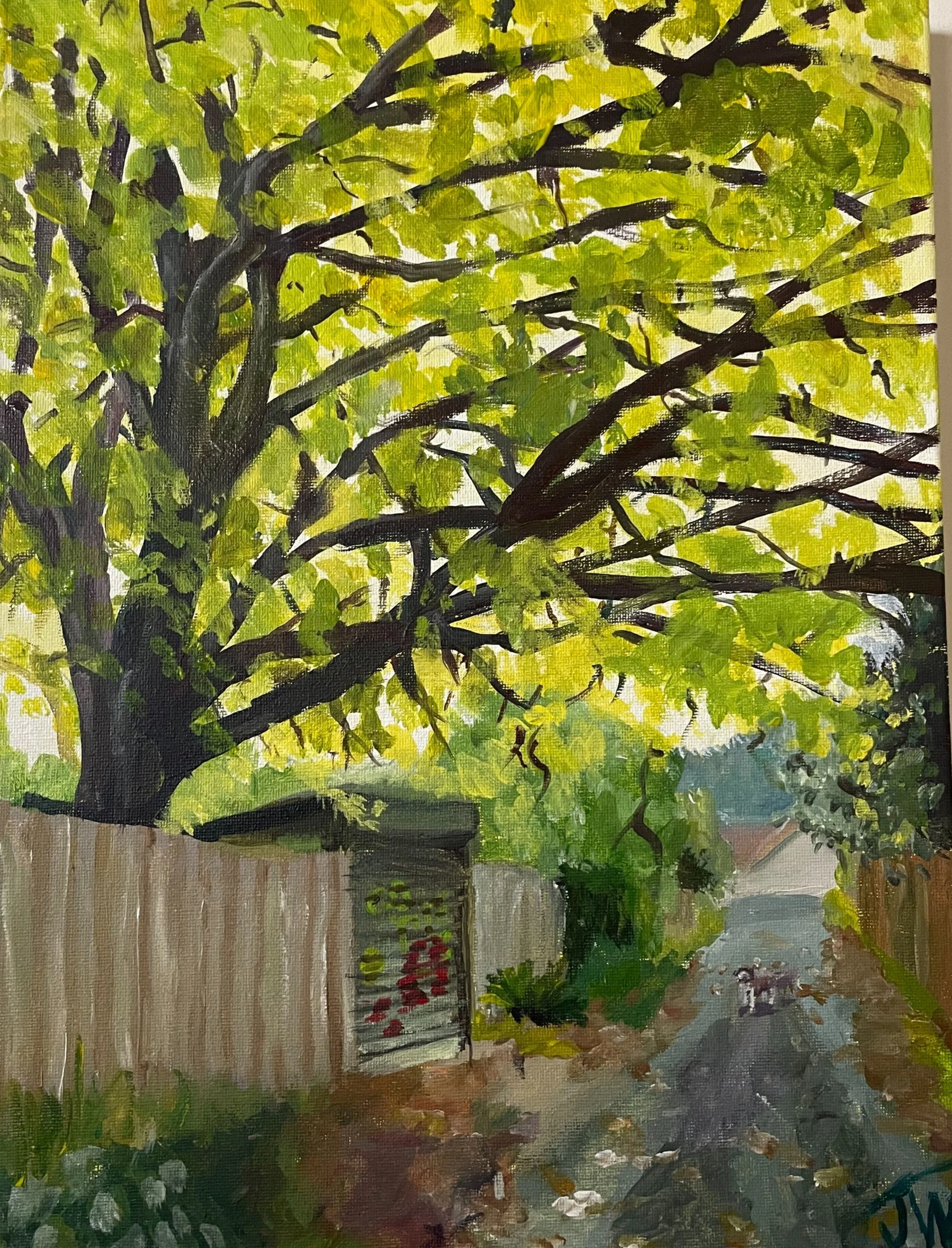 the dog’s waiting for you stop taking photos of the pretty leaves | 30x40.5cm. Acrylic on canvas. Originally Painted in June 2023