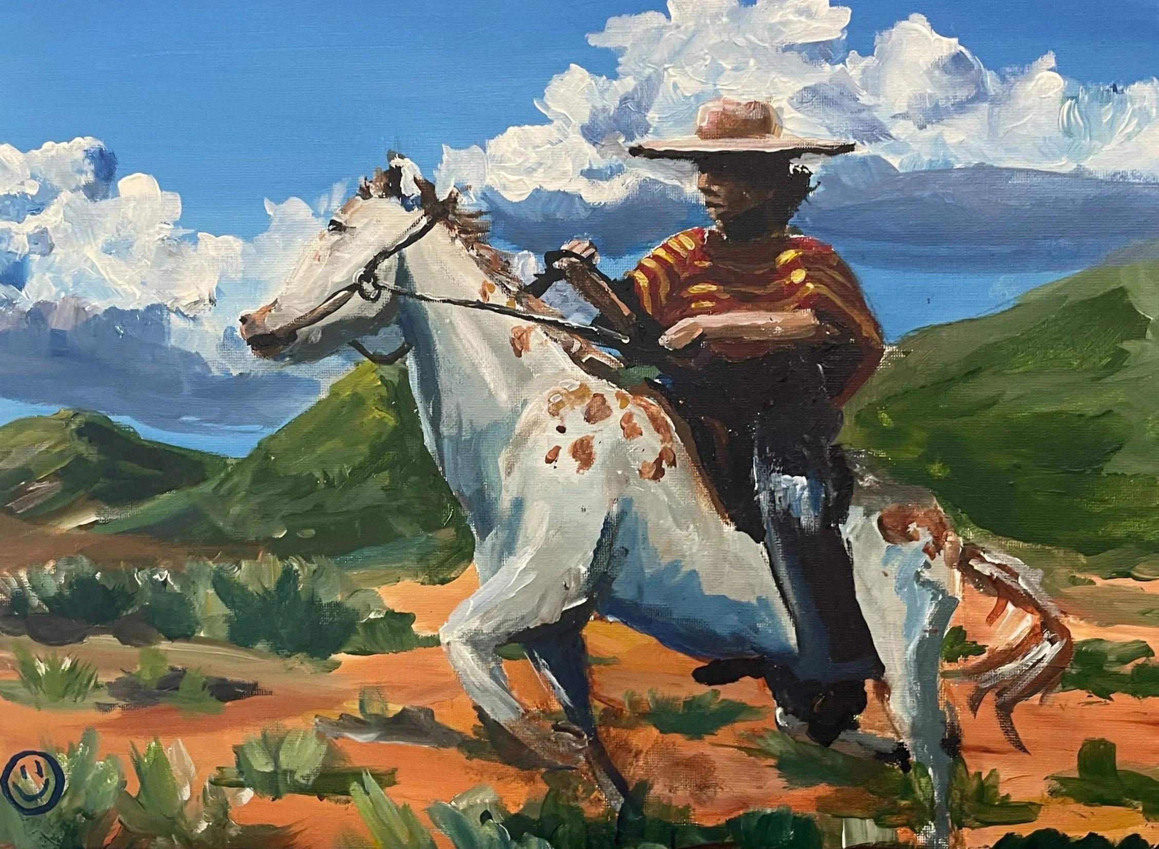Her Spotted Horse | 40x30cm. Acrylic on canvas. Painted while teaching a class at Ladder Art Space in October 2024