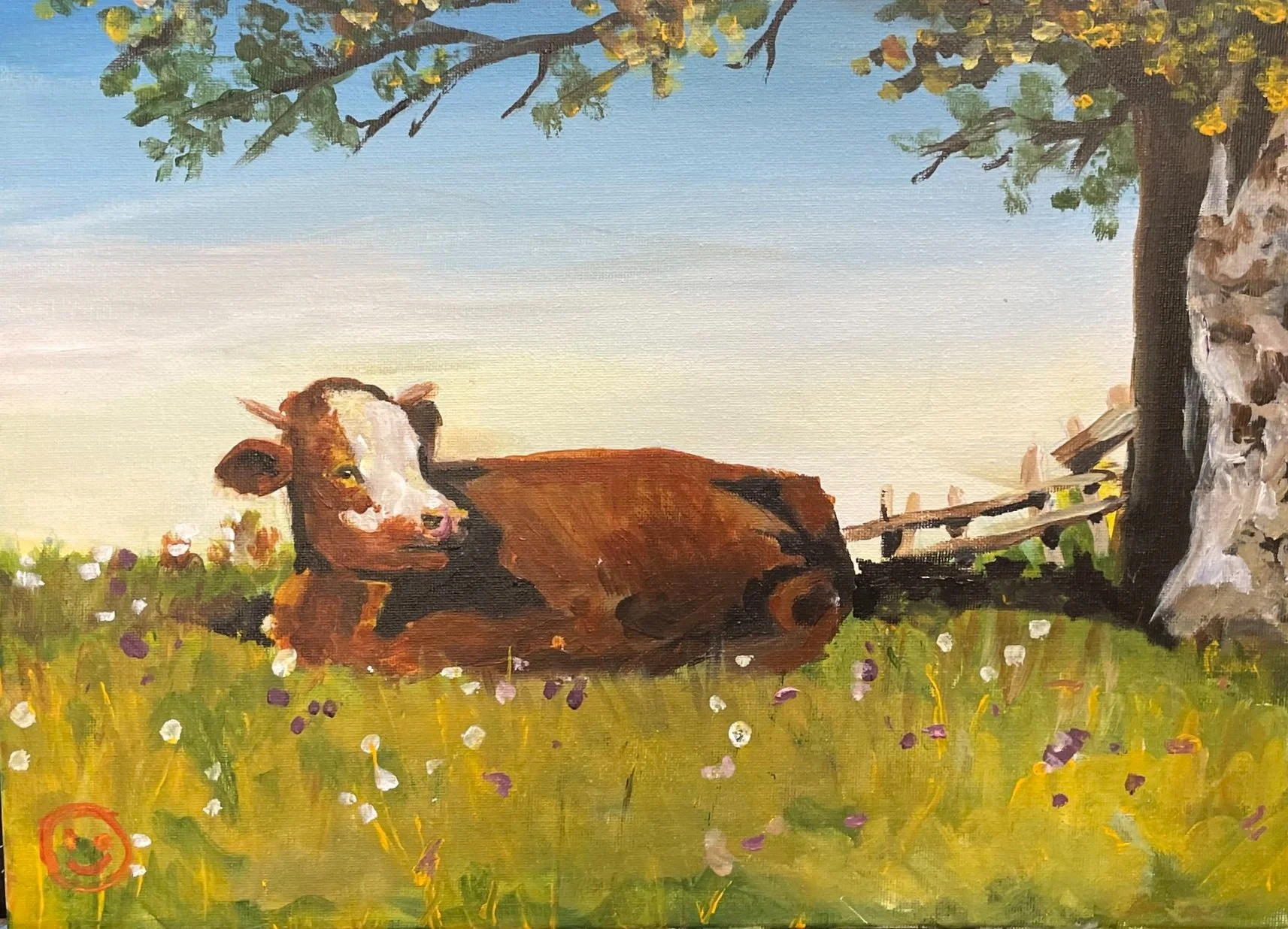 Cow II | 40x30cm. Acrylic on canvas. Painted while teaching a class at Ladder Art Space in March 2024