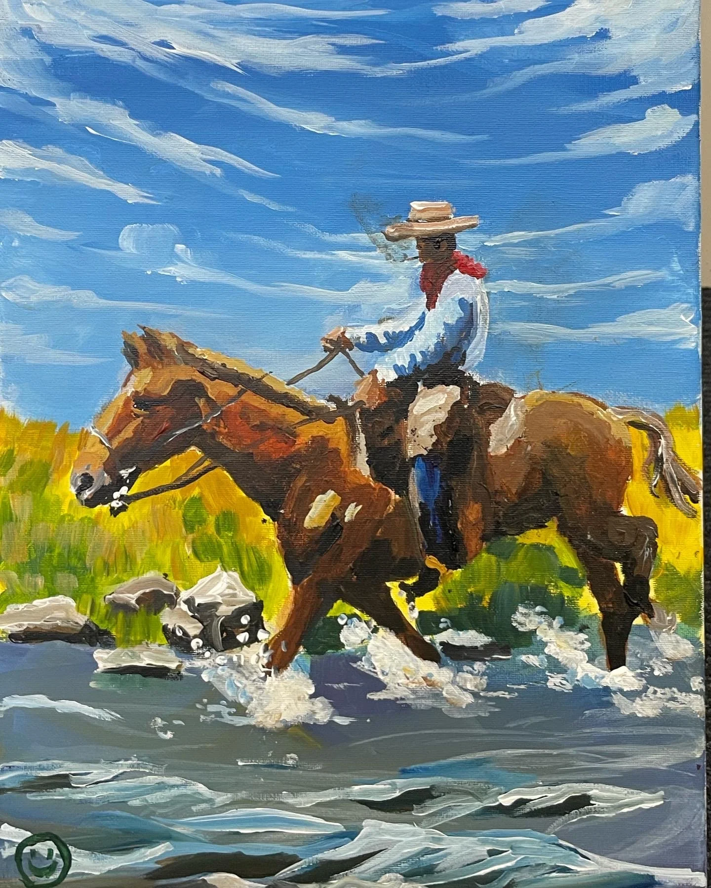 Smoking Cowboy | 40x30cm. Acrylic on canvas. Painted while teaching a class at Ladder Art Space in November 2024