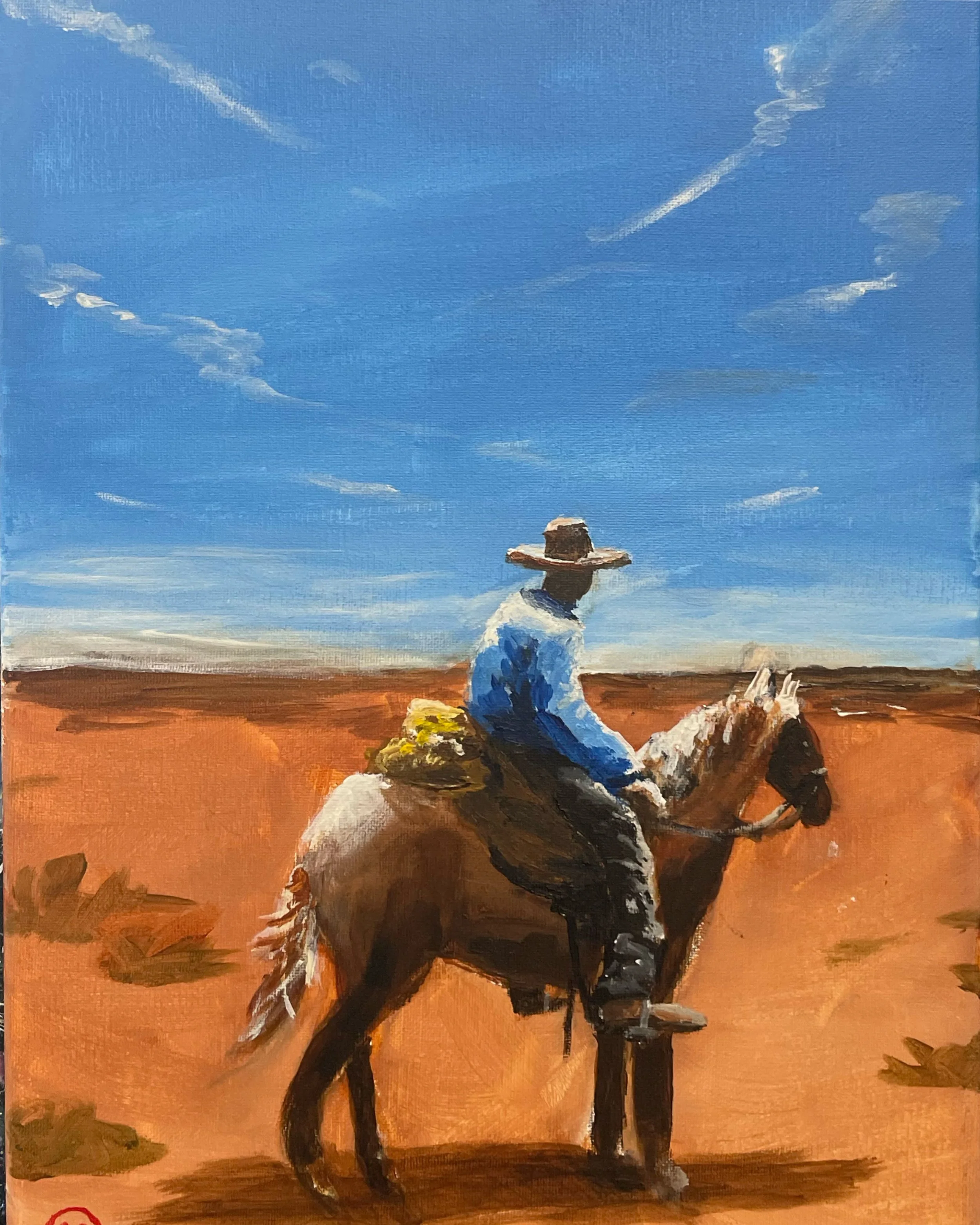 Maggiori's composition cowboy | 40x30cm. Acrylic on canvas. Painted while teaching a class at Ladder Art Space inJanuary 2024
