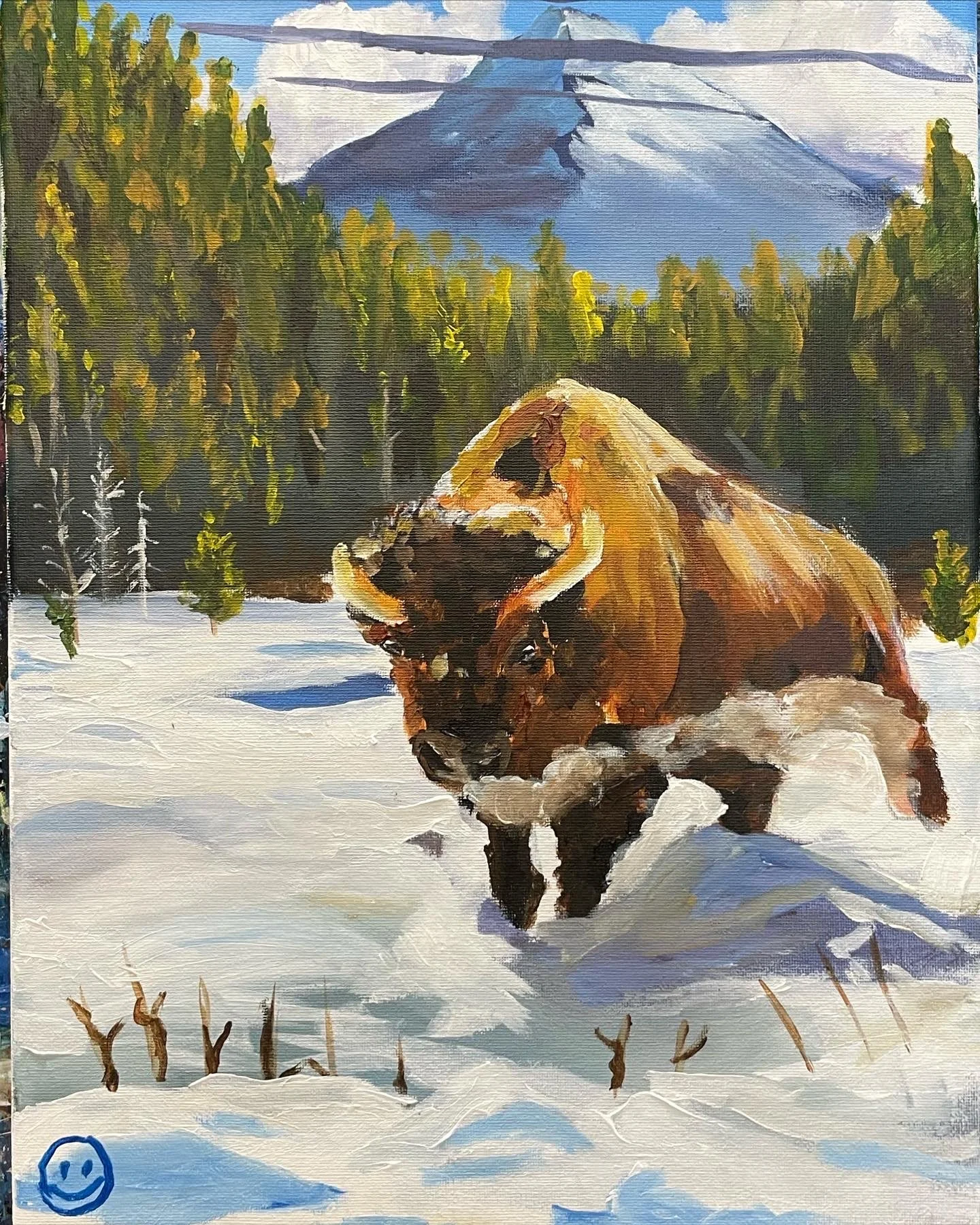 Bison | 40x30cm. Acrylic on canvas. Painted while teaching a class at Ladder Art Space in July 2024