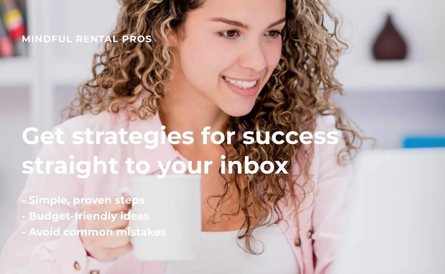 Rental Pitfalls Self Assessment Free Guide (Woman with coffee looking at computer in home office)