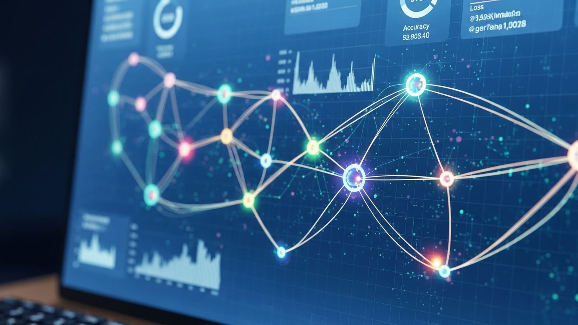 Illumunated paths between digital nodes on a blue background of a computer screen'