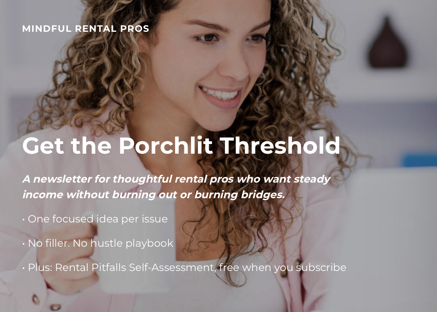 Rental Pitfalls Self Assessment Free Guide (Woman with coffee looking at computer in home office)