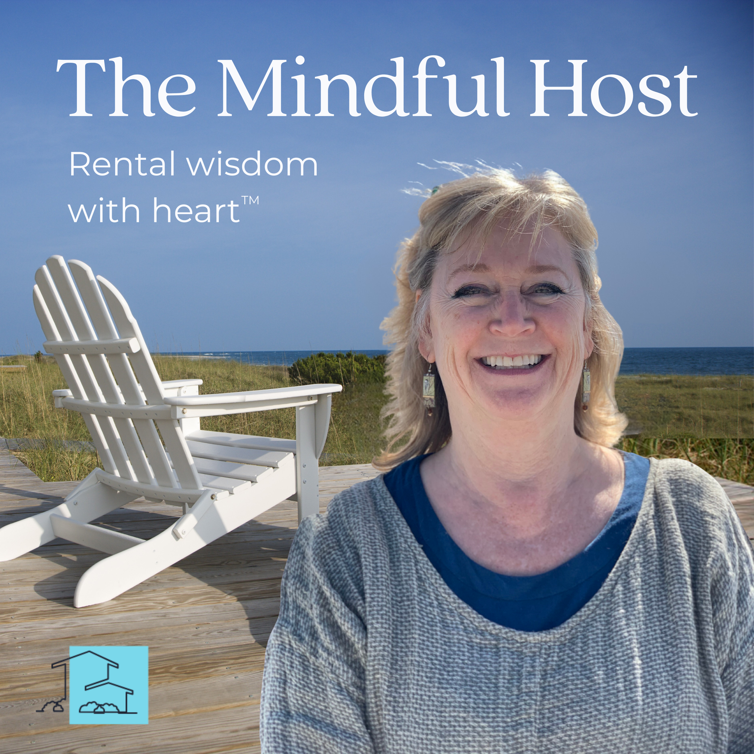 Image of an Adirondack chair on a deck outside overlooking the ocean with a smiling woman in the foreground and text