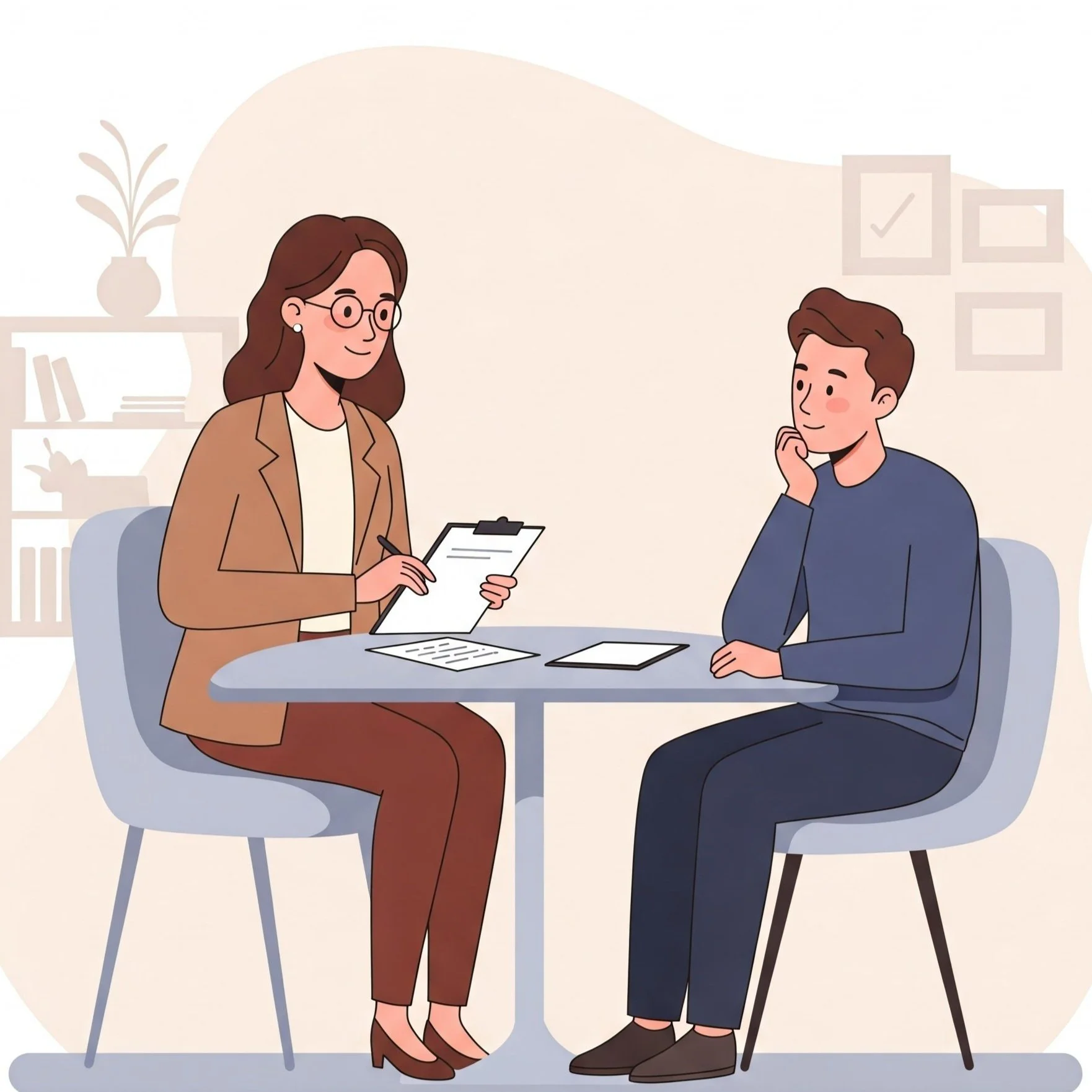 Illustration of two people having a meeting, sitting at a round table with papers and a clipboard, in a room with bookshelves and potted plants in the background.