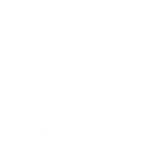 Icon of an open book with an eye above and a gear below, representing learning or knowledge management.