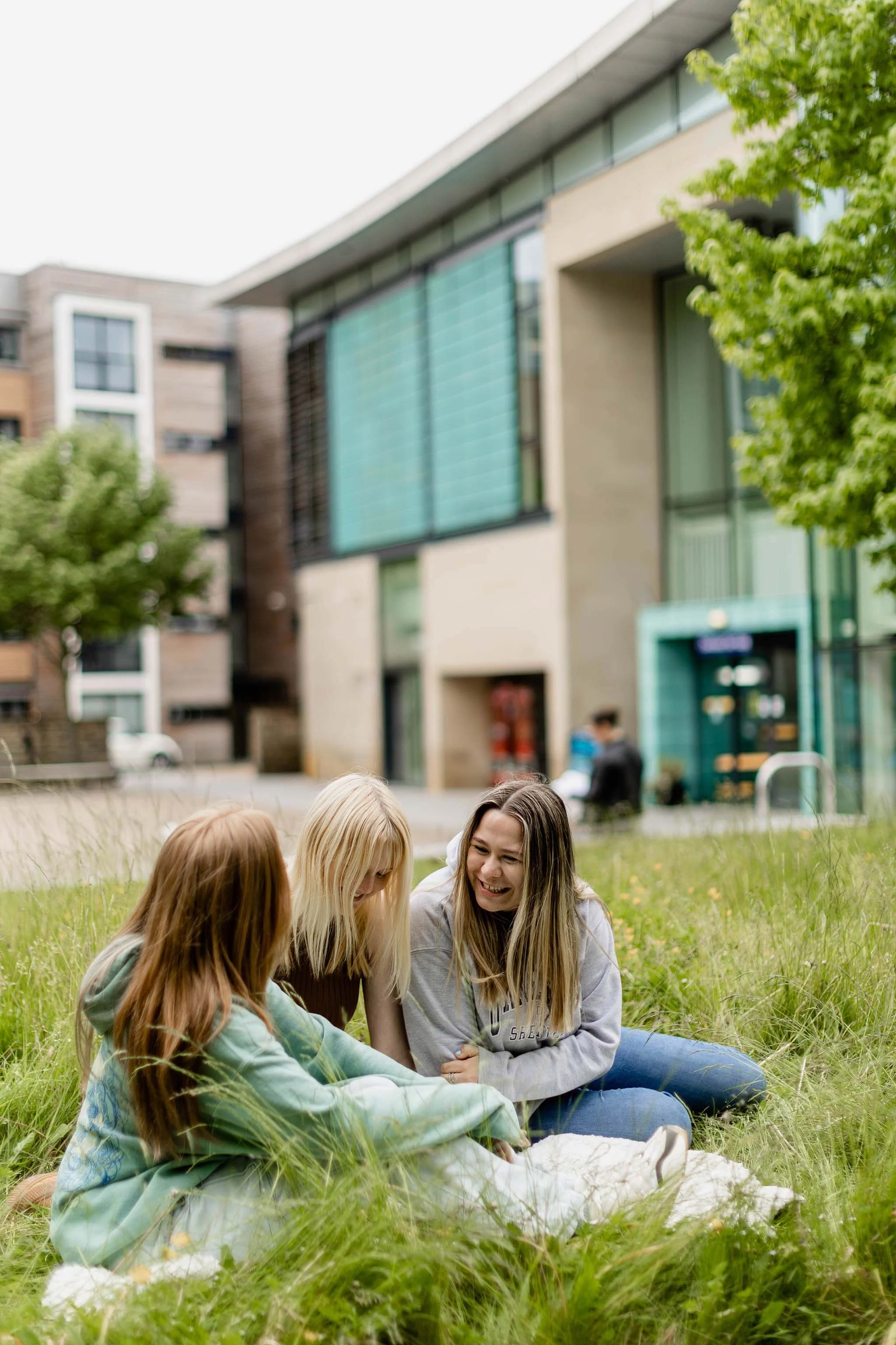 Group of young women sitting on grass in an urban park, smiling and chatting, with modern buildings and trees in the background.