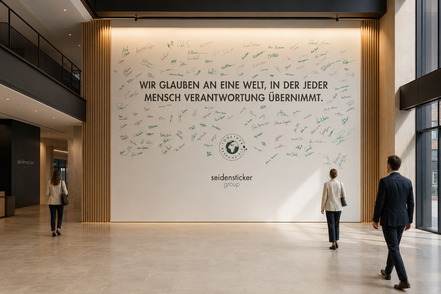 Große weiße Wand mit dem Text 'Wir glauben an eine Welt, in der jeder Mensch Verantwortung übernimmt' und signerate umgeben von Menschen in Businesskleidung, die durch den Raum gehen.