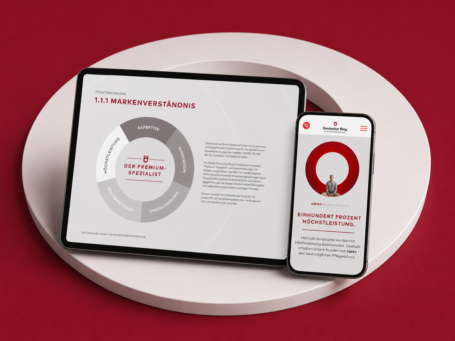 Tablet und Smartphone auf einer weißen Plattform mit rotem Hintergrund, zeigen Präsentationen über deutsche Krankenversicherung, mit Logos, Texten und Diagrammen.