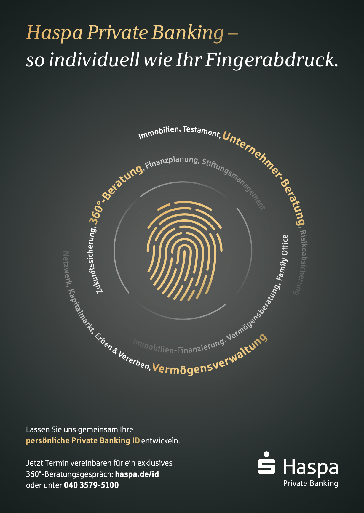Werbeplakat für Haspa Private Banking mit einer digitalen Abbildung eines Fingerabdrucks in der Mitte, umgeben von Dienstleistungen wie Immobilien, Testament, Beratung, Vermögensverwaltung und anderen. Textinformationen laden dazu ein, eine persönliche Private Banking ID zu entwickeln und einen Termin für ein Beratungsgespräch zu vereinbaren.
