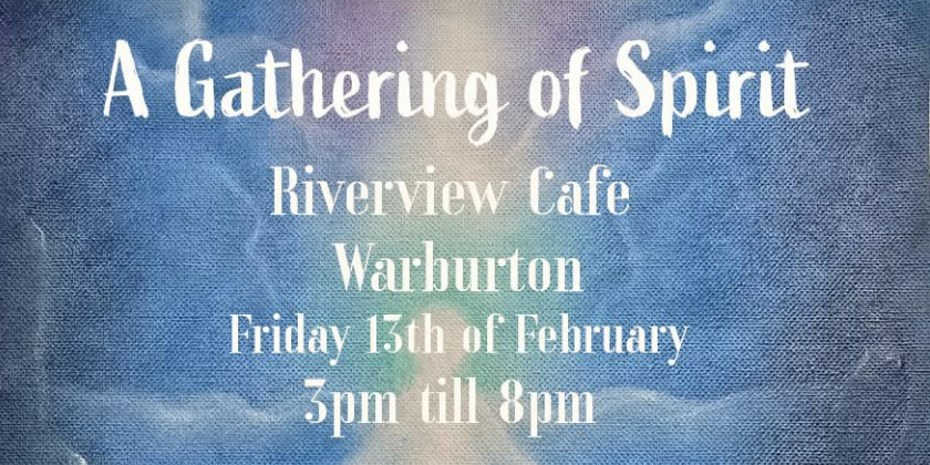 Event poster titled 'A Gathering of Spirit' at Yarra Valley Archery Park on December 5th, from 3pm to 8pm, featuring food, drinks, and various spiritual and wellness activities, including psychic readings, tarot, Reiki, numerology, astrology, meditation, handmade products, art, and jewelry.