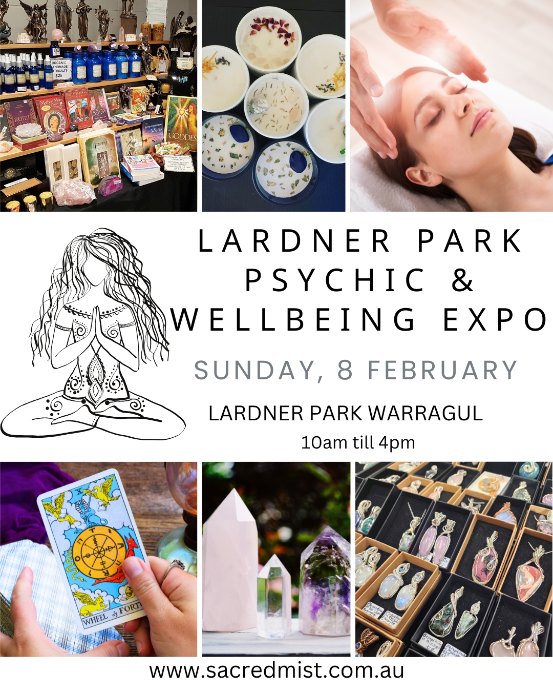 A promotional poster for Warragul Psychic & Wellbeing Expo featuring images of essential oils, a woman receiving a massage, crystals, tarot cards, and jewelry, with event details and website.
