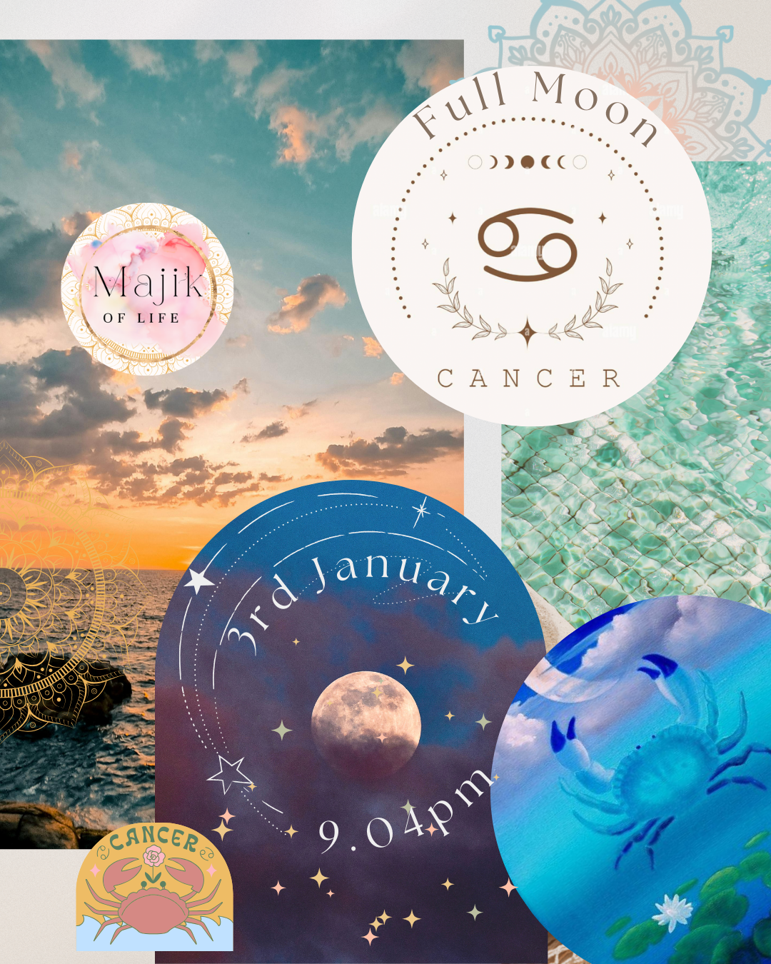 Full moon in cancer artistic collage image with symbology of the crab, ocean, beach, water with mystical vibes