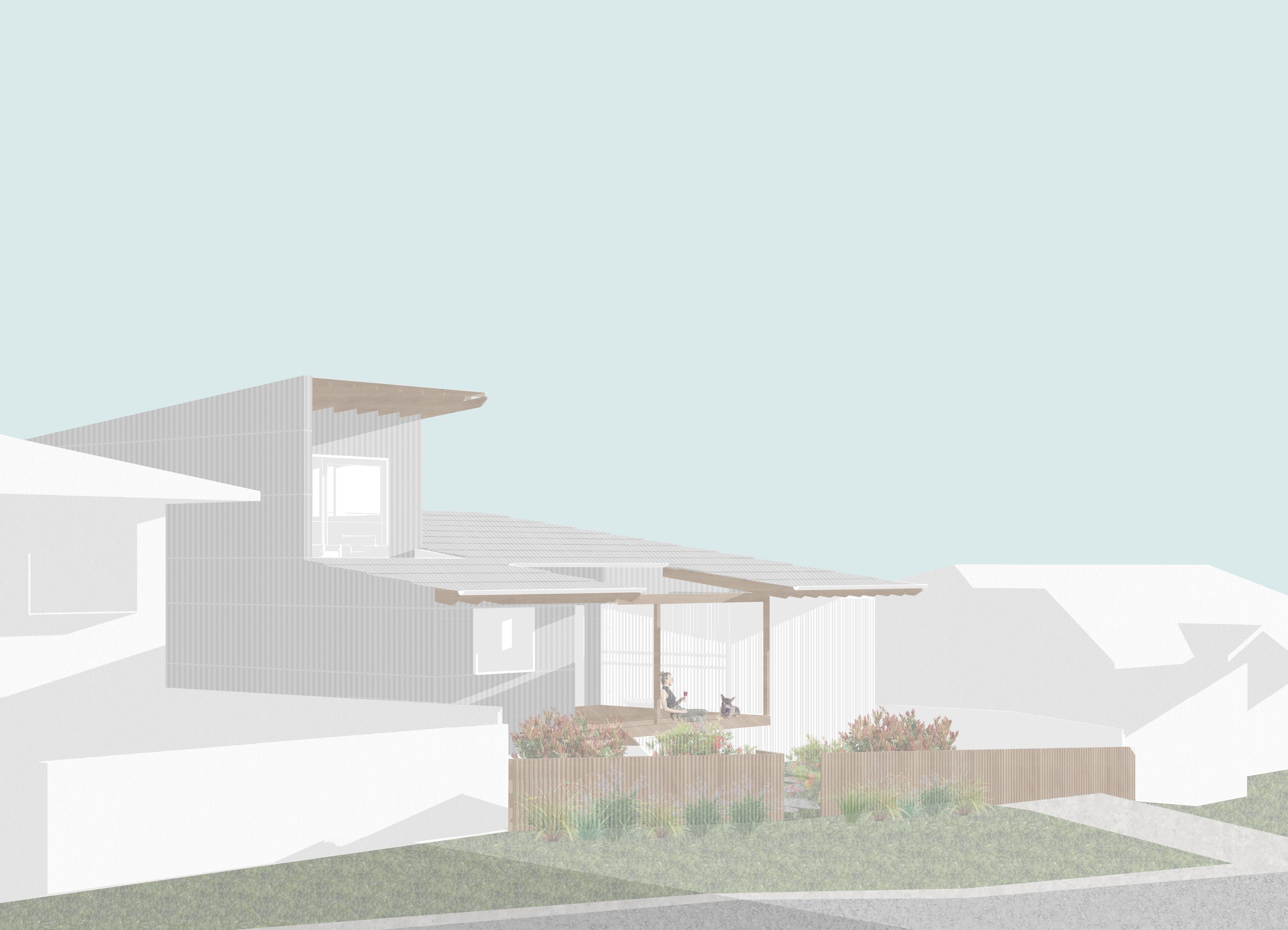 Digital rendering of a modern house with a covered patio, woman sitting on the patio with a dog, garden with plants and flowers in the foreground, blue sky background.