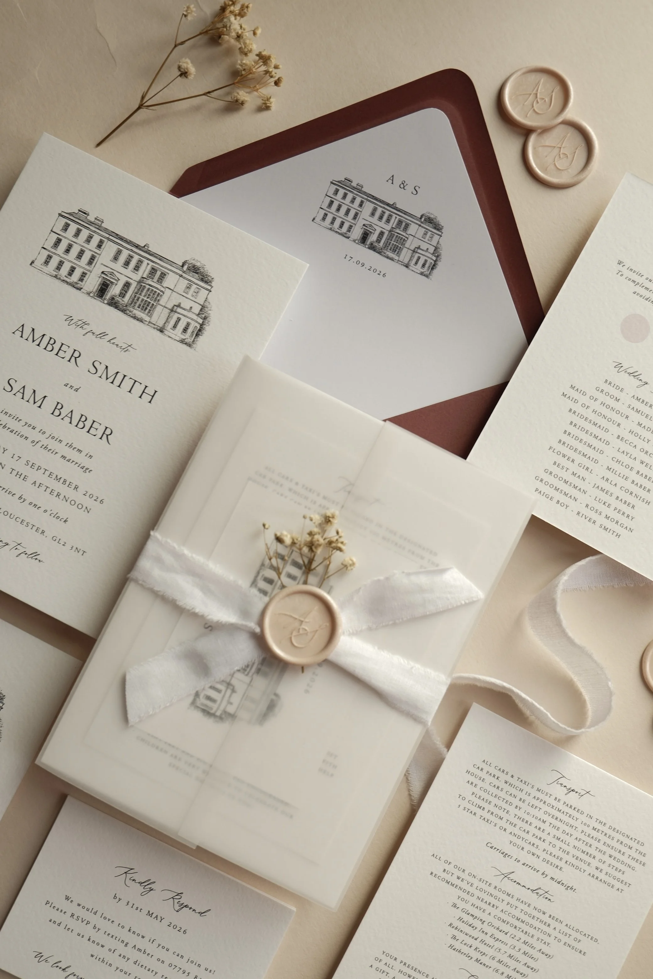 blush pink and burgundy elegant invitation suite with wax seals, linen ribbon and envelope liners