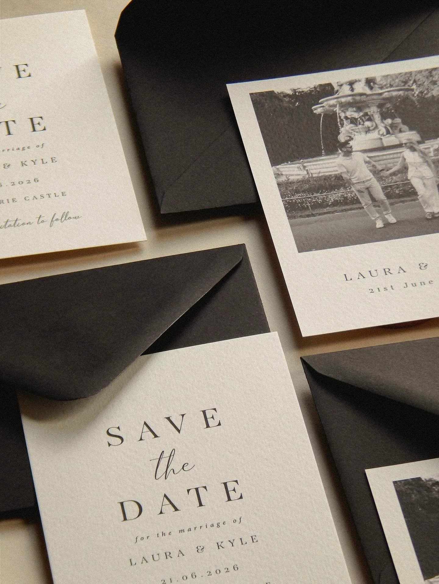 a gorgeous classic for L&amp;K 🤍 black and white save the dates which include an engagement photo of the bride and groom to be which adds extra personalisation.

We love these photo save the date cards especially when paired with black envelopes 💌
