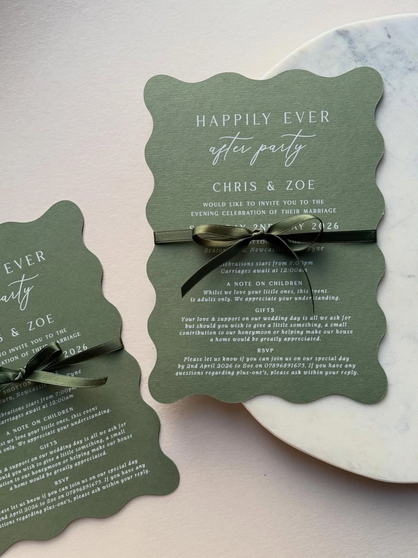 Evening invitations don&rsquo;t have to be boring 🍸 Join us for the after party invitations with a wavy edge, olive green ribbon + a white ink print finish made these invites a great way of differing from the day invitation suite for Z+C 🤍

@shotto