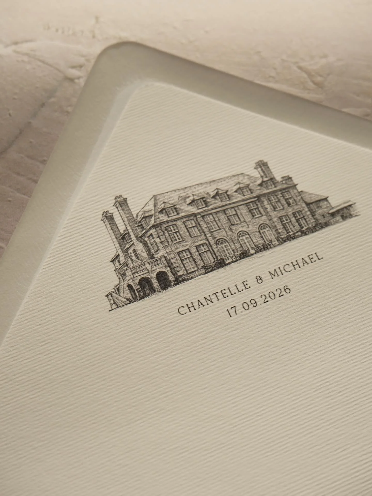venue illustration for Chantelle + Michael on textured envelope liners 💌 make a first impression with printed envelopes + liners.

#wedding2026 #bride #weddinginvites #wedding #invitations