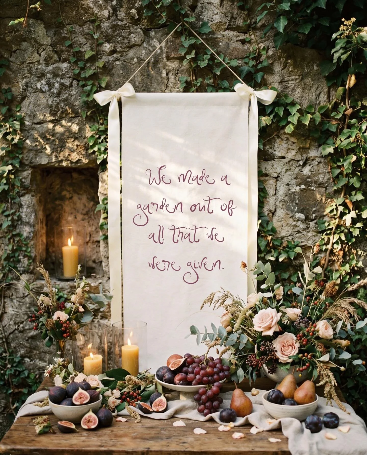 bespoke fabric sign with the words &lsquo;we made a garden out of all that we were given&rsquo; 🦢 

fabric signs are becoming such a popular option to include as part of your day of package. They add elegance, detailing &amp; you can reuse them at h