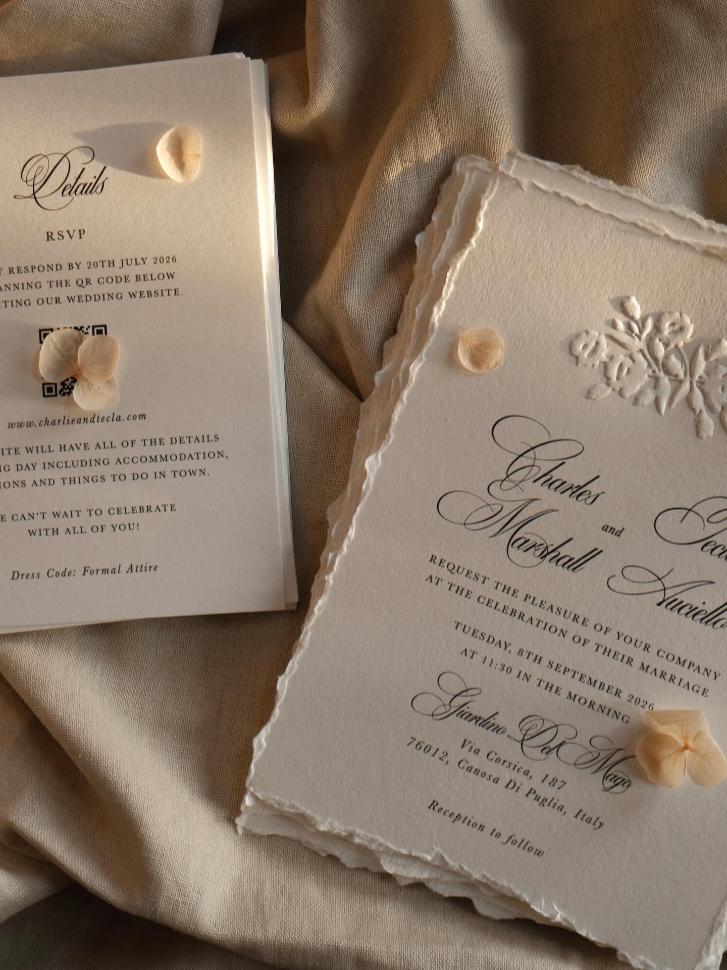 pillow talk 🤍 embossed rose with hand torn edges for Tecla + Charles. So beautiful, so delicate.