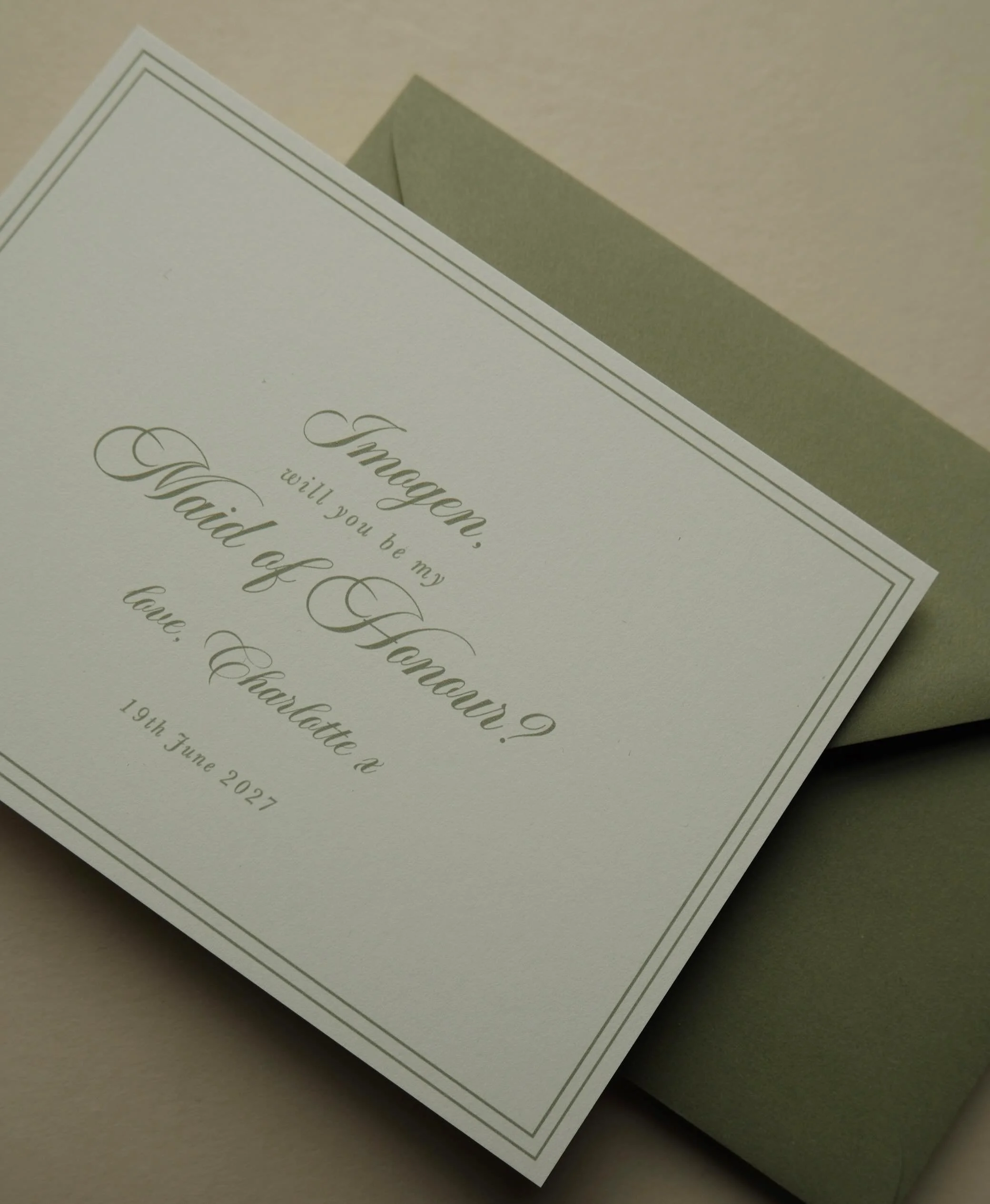 old money style bridesmaid proposal cards with sage green envelopes 🤍 the perfect way to ask your besties to be part of your special day.

We matched the bridesmaid cards to the save the dates to keep everything cohesive throughout the couples weddi