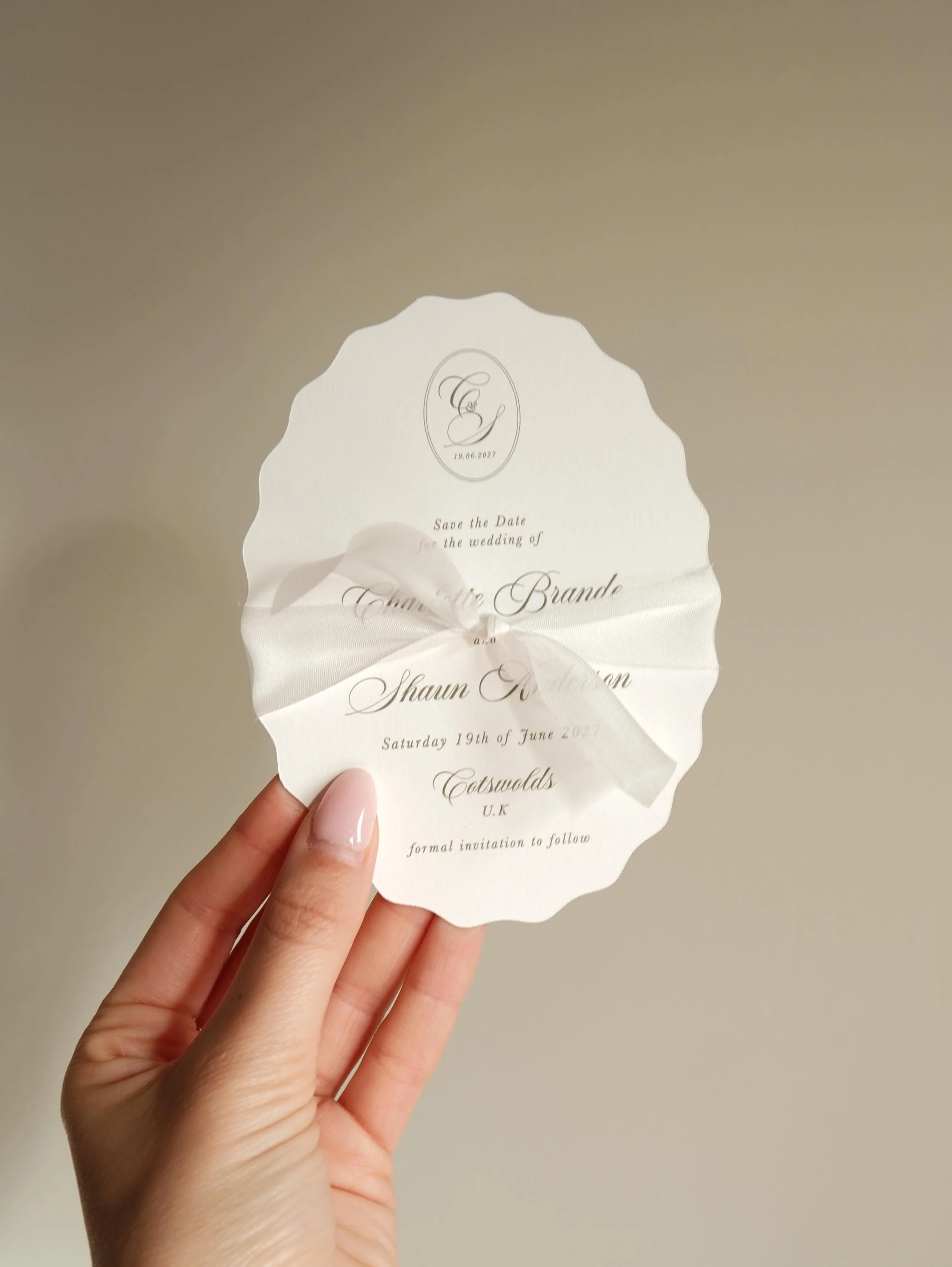 elegant save the dates for Charlotte &amp; Shaun 💌 sage green &amp; white accents. The scalloped edge partnered with an oval shape is one of our favourites this year!